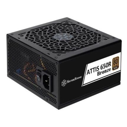 "SilverStone SST-AT650R-BF 650W ATX power supply unit in black, featuring 80 PLUS Bronze certification, silent 120mm cooling fan, and multiple connectors for high-performance PC builds."