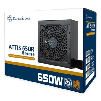 "SilverStone SST-AT650R-BF 650W ATX power supply unit in black, featuring 80 PLUS Bronze certification, silent 120mm cooling fan, and multiple connectors for high-performance PC builds."