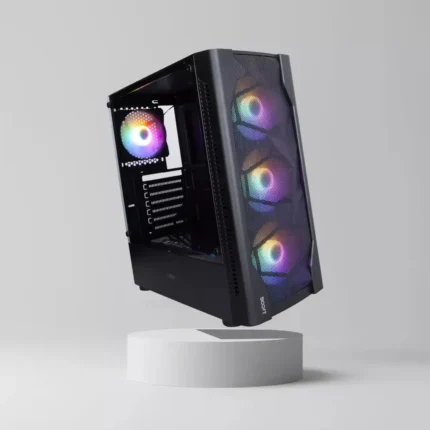 ATX M-ATX Gaming Case with RGB Fans, Metal Mesh Front, and Tempered Glass Side
