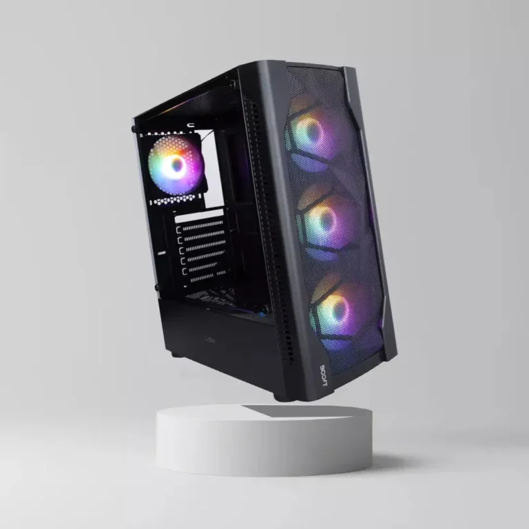 ATX M-ATX Gaming Case with RGB Fans, Metal Mesh Front, and Tempered Glass Side