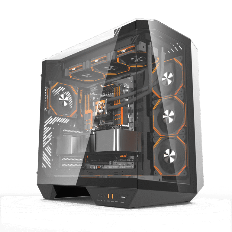 DY470 ATX PC Case front view, DY470 ATX PC Case side tempered glass panel, DY470 ATX PC Case internal layout
