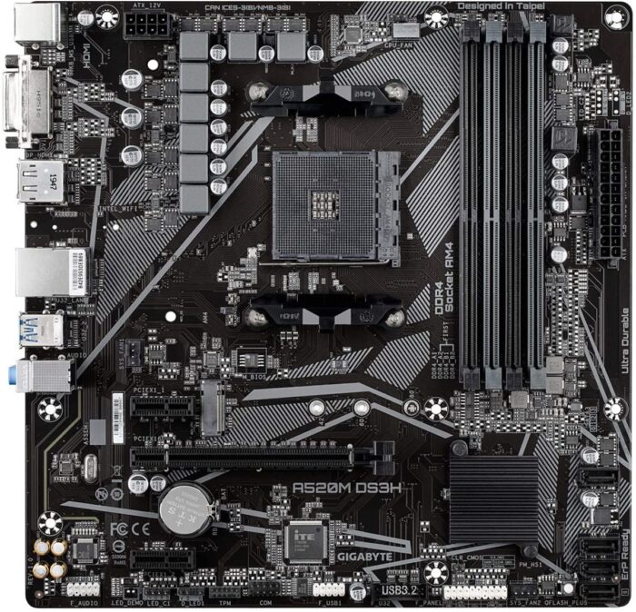 Gigabyte A520M Motherboard front view with ports