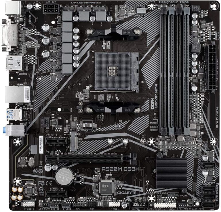 Gigabyte A520M Motherboard front view with ports