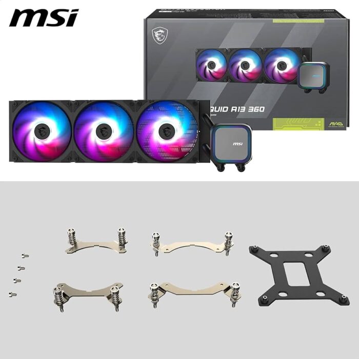 MSI MAG Coreliquid A13 360mm ARGB CPU liquid cooler with triple 120mm PWM fans and black aluminum radiator