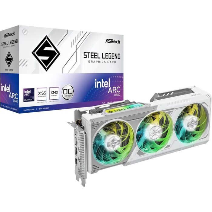 ASRock Intel Arc B580 Steel Legend 12GB OC graphics card triple-fan cooling and DisplayPort HDMI outputs