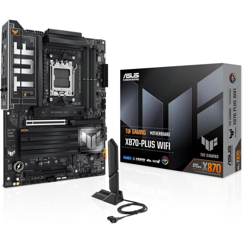 ASUS TUF GAMING X870-PLUS WIFI motherboard angled view with heatsinks and ports visible.