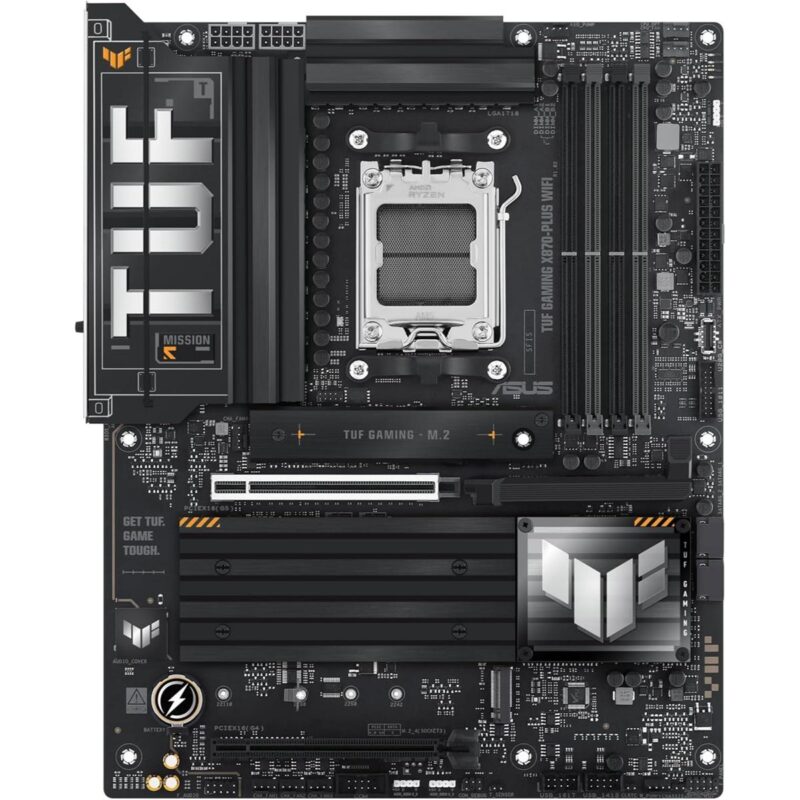 ASUS TUF GAMING X870-PLUS WIFI motherboard angled view with heatsinks and ports visible.