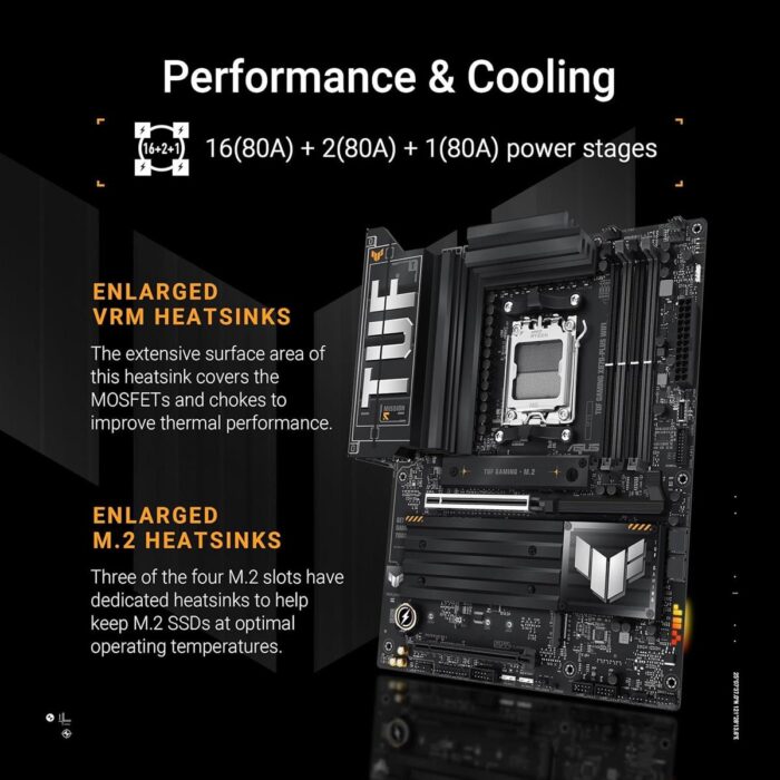 ASUS TUF GAMING X870-PLUS WIFI motherboard angled view with heatsinks and ports visible.