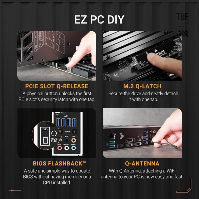 ASUS TUF GAMING X870-PLUS WIFI motherboard angled view with heatsinks and ports visible.