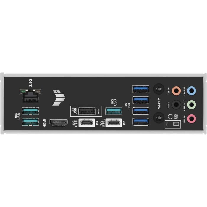 ASUS TUF GAMING X870-PLUS WIFI motherboard angled view with heatsinks and ports visible.