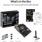ASUS TUF GAMING X870-PLUS WIFI motherboard angled view with heatsinks and ports visible.