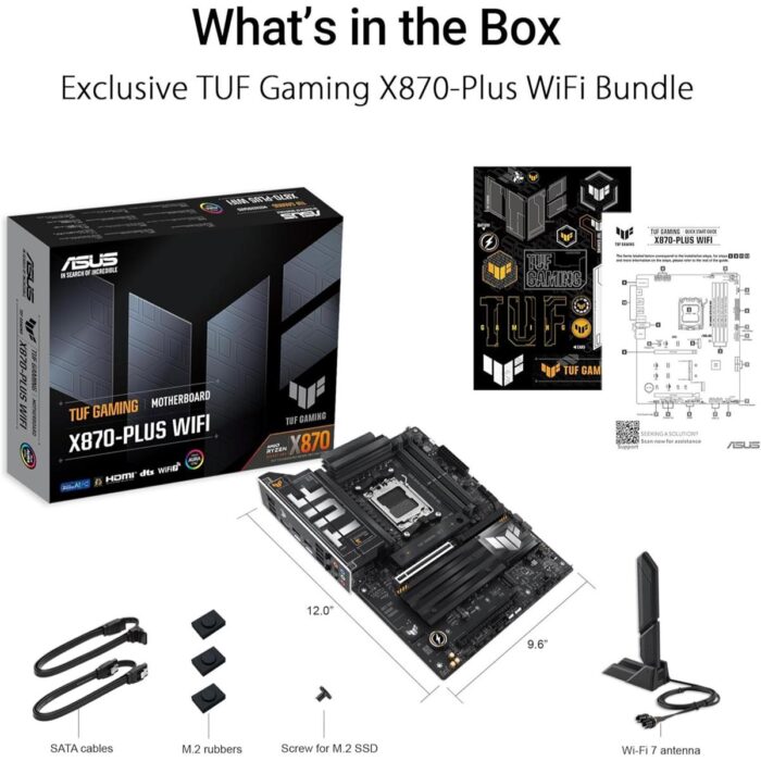 ASUS TUF GAMING X870-PLUS WIFI motherboard angled view with heatsinks and ports visible.
