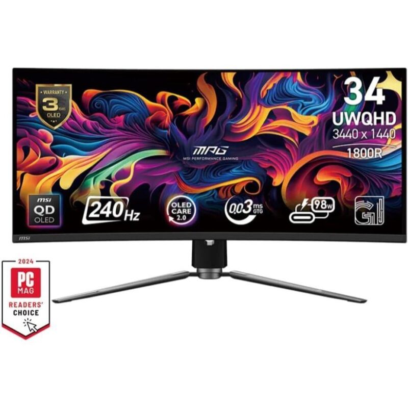 MSI MPG 341CQPX QD-OLED 34-inch 240Hz Curved Gaming Monitor front and side view