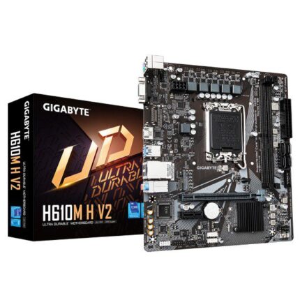 Gigabyte H610M H V2 DDR5 motherboard front view with ports and heatsinks