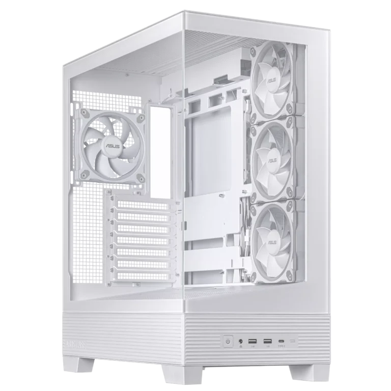 Asus A31 Plus TG ARGB White ATX PC Case Front and Side View