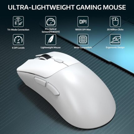 Attack Shark R1 Wireless Gaming Mouse White Tri-Mode 18K DPI Lightweight