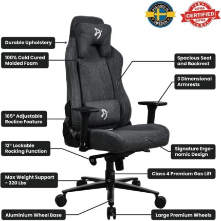 Arozzi Vernazza Soft Fabric Ergonomic Gaming Chair Dark Grey with 3D Armrests