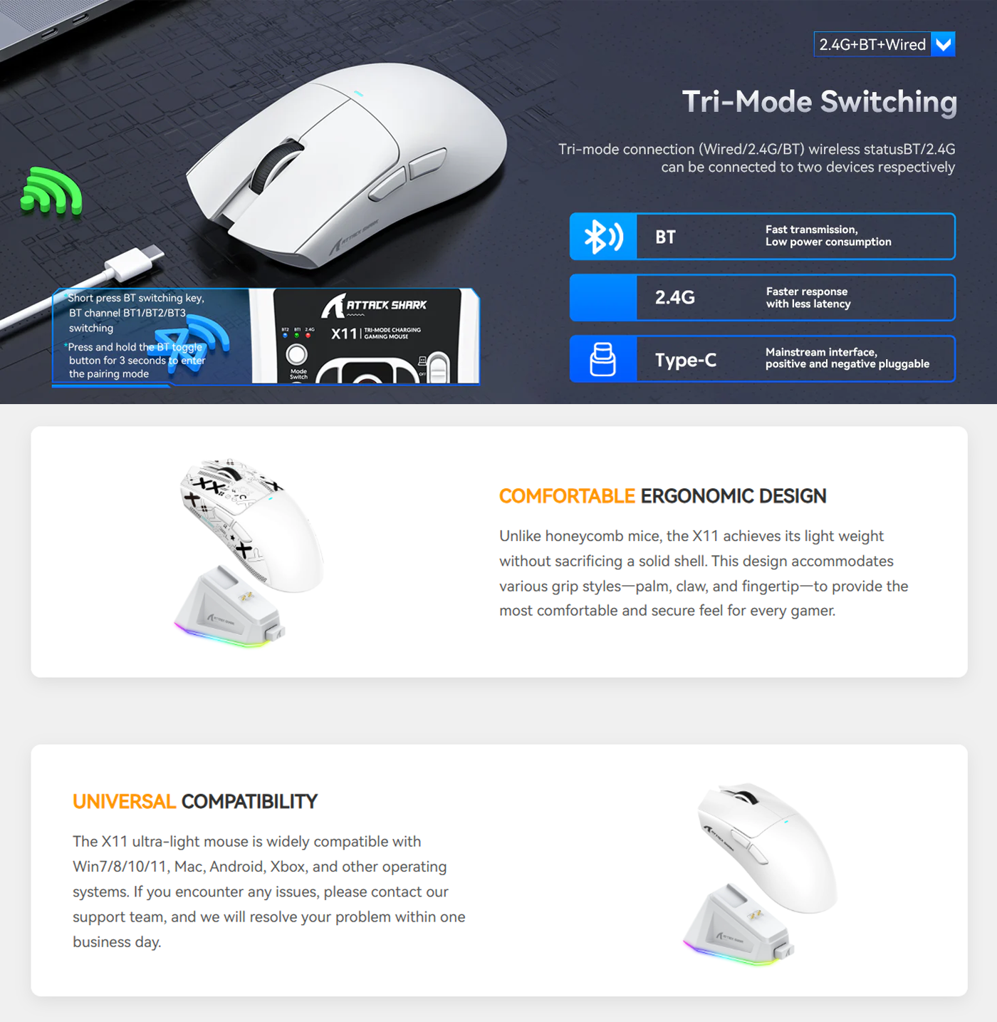 ATTACK SHARK X11 Wireless Gaming Mouse with Charging Dock