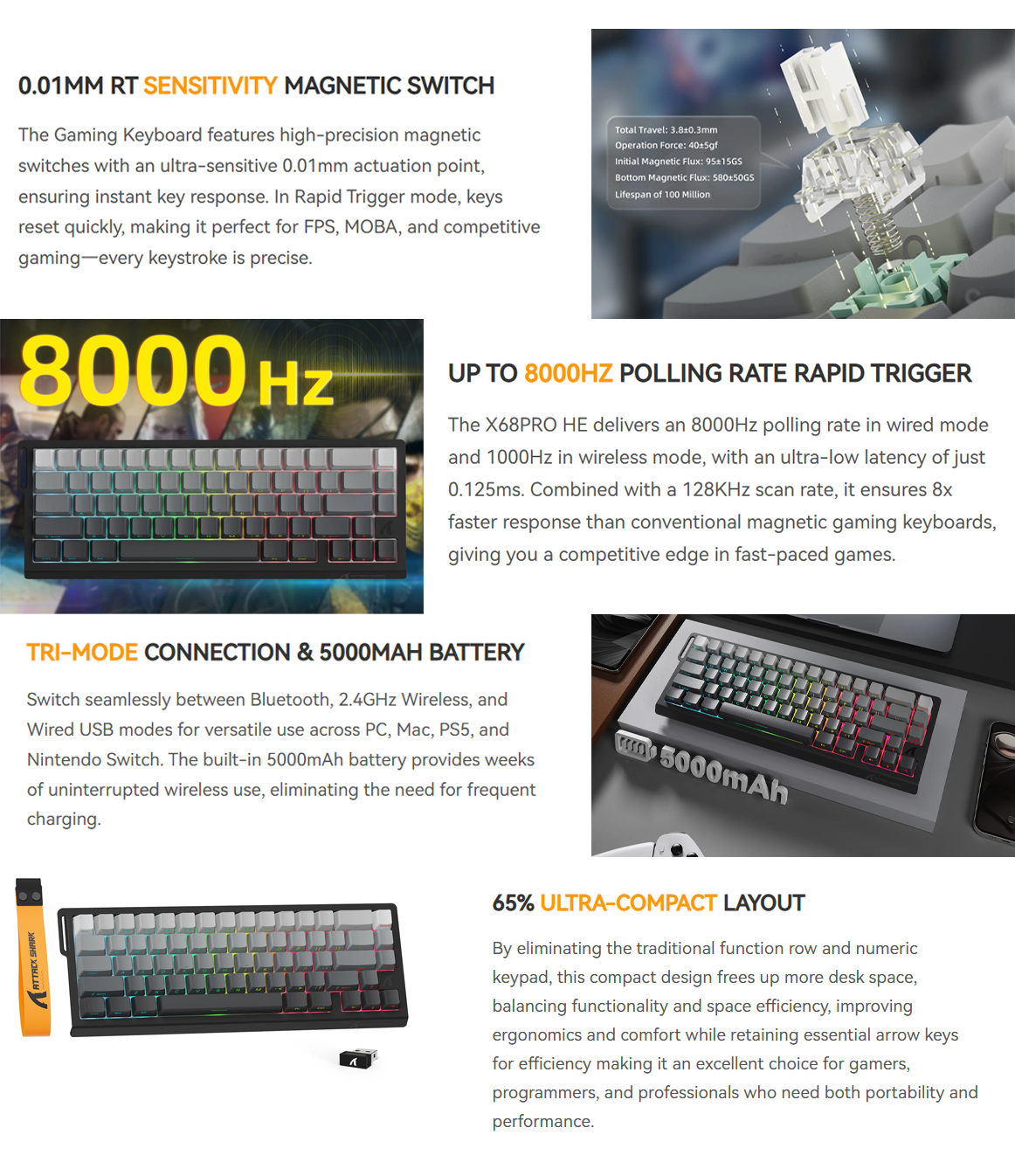 ATTACK SHARK X68PRO HE Wireless Rapid Trigger Magnetic Switch Keyboard