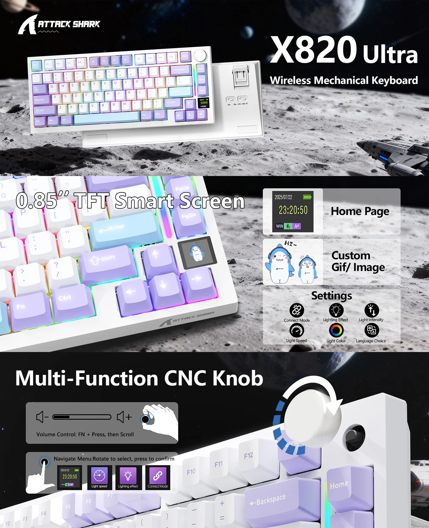 ATTACK SHARK X820Ultra Tri-mode Gasket Mechanical Keyboard - Shark Switch