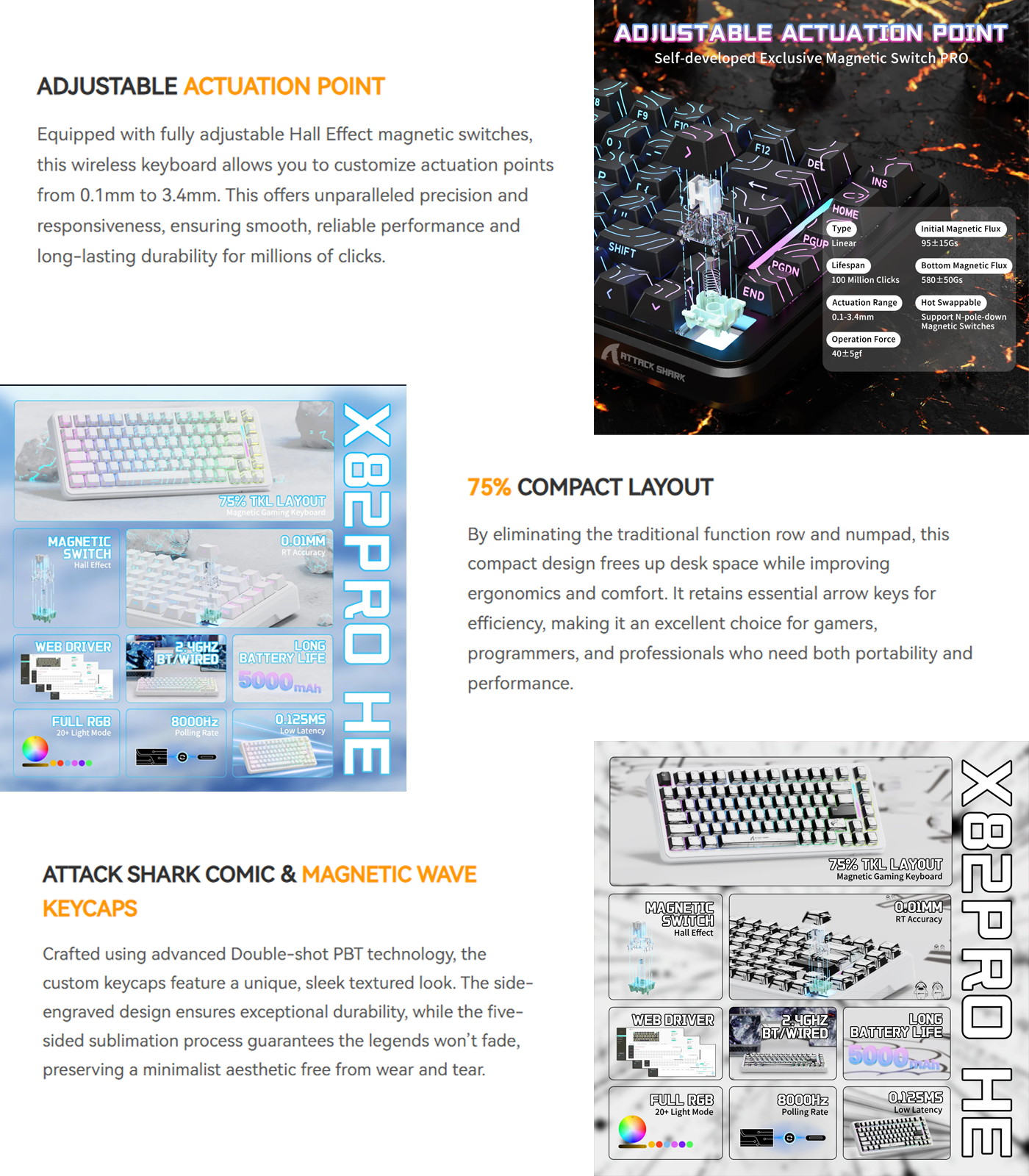 ATTACK SHARK X82PRO HE Wireless Rapid Trigger Magnetic Gaming Keyboard