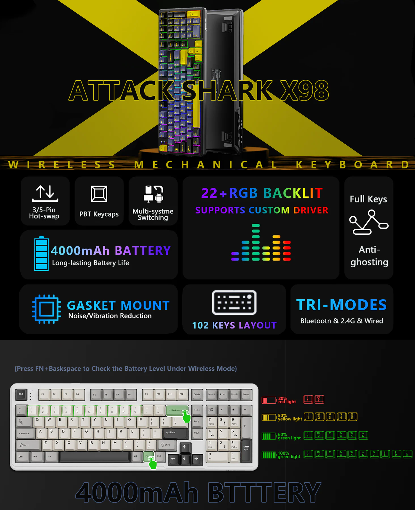 Attack Shark X98 Full Size Wireless Keyboard