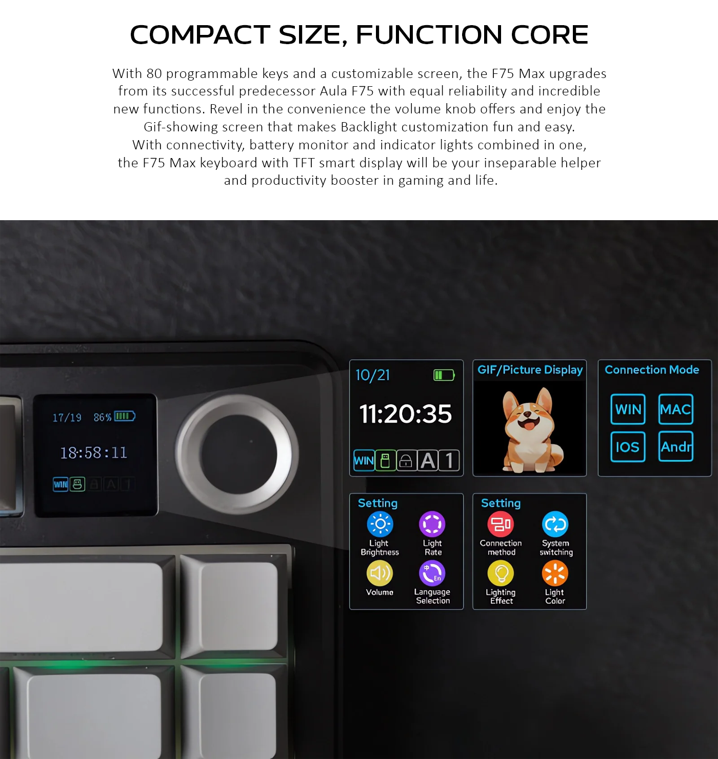Aula F75 Max Gasket-mounted Hot- swappable Tri-Mode Mechanical Keyboard with TFT Screen