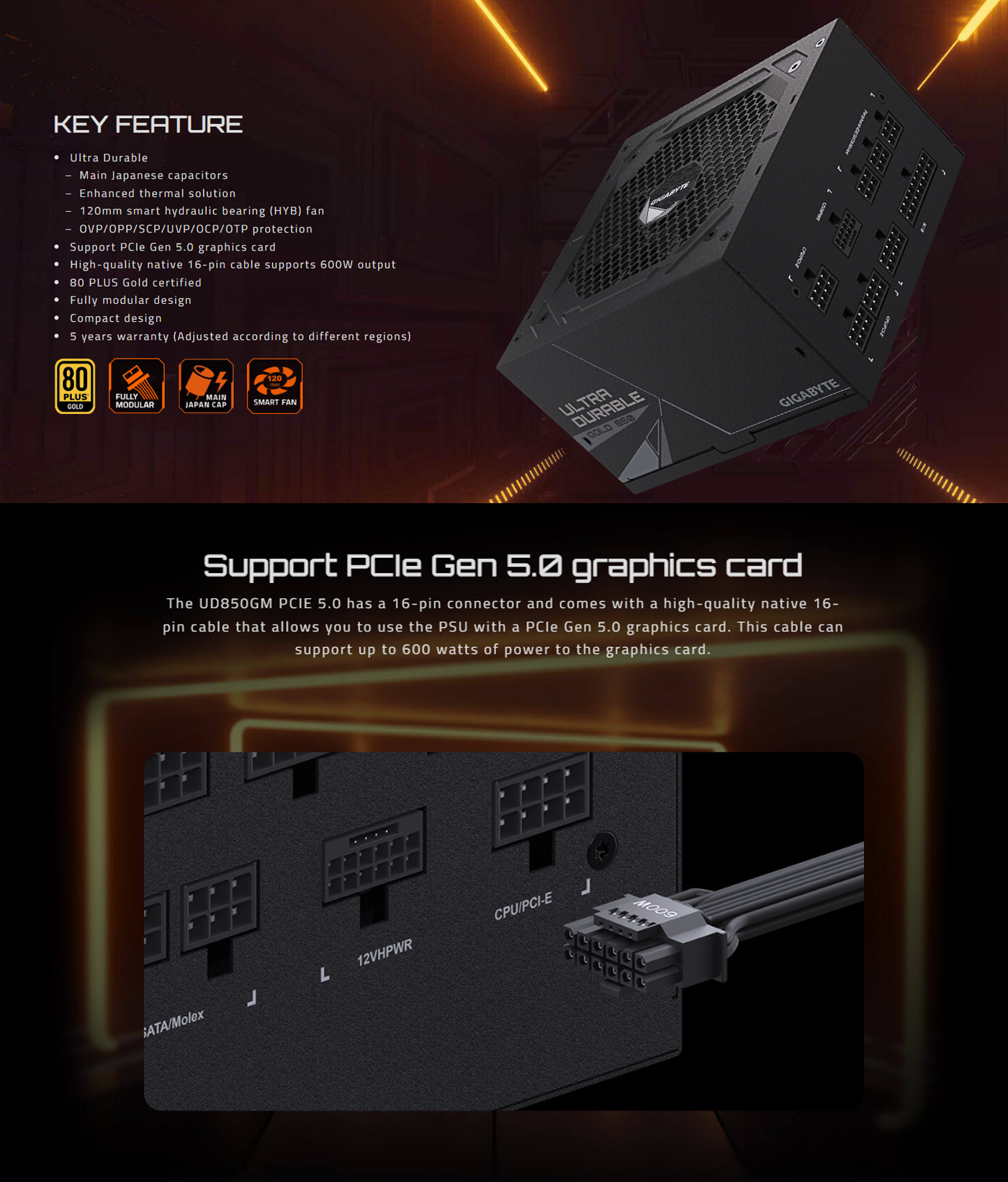 GIGABYTE UD850GM PG5 850W 80 Plus GOLD Full Modular Power Supply