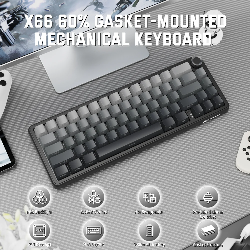 ATTACK SHARK X66 Gasket-Mounted 60% Mechanical Keyboard with RGB, side-printed PBT keycaps, and volume knob