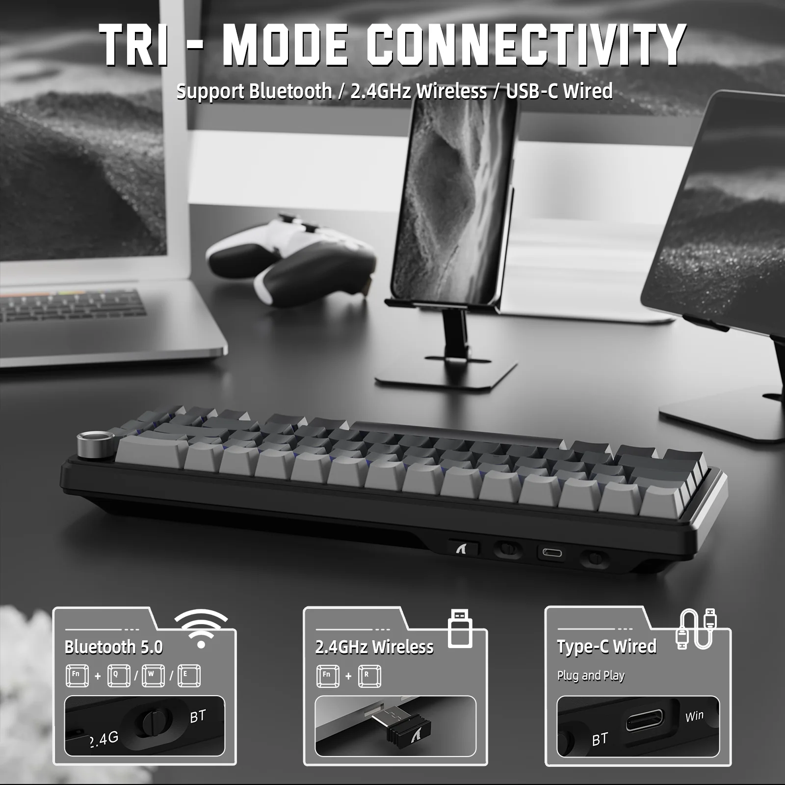 ATTACK SHARK X66 wireless mechanical keyboard showing tri-mode connectivity: Bluetooth, 2.4GHz, and USB-C wired connections.