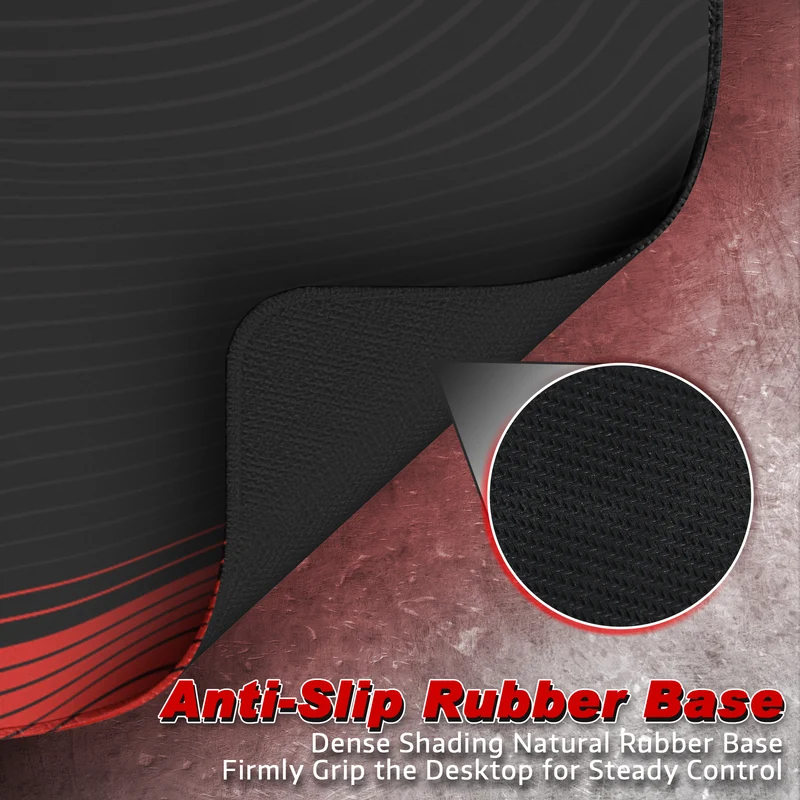 Close-up of orange gaming mouse pad showing anti-slip black rubber base for stability.