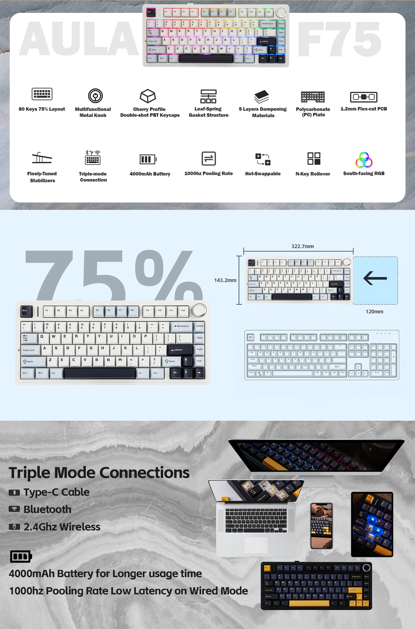 AULA F75 3in1 Hot-Swappable RGB Gasket Mechanical Keyboard