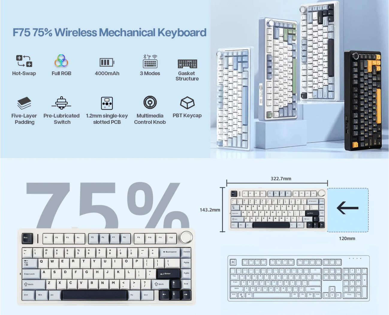 AULA F75 Wireless Mechanical Keyboard Ice Vein Switch