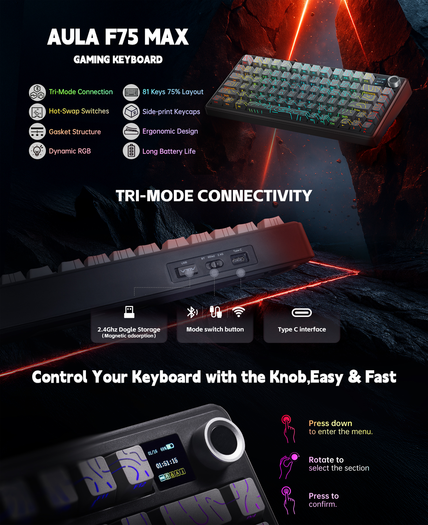 Aula F75 MAX Wireless Gaming Keyboard w-Smart Display & Knob