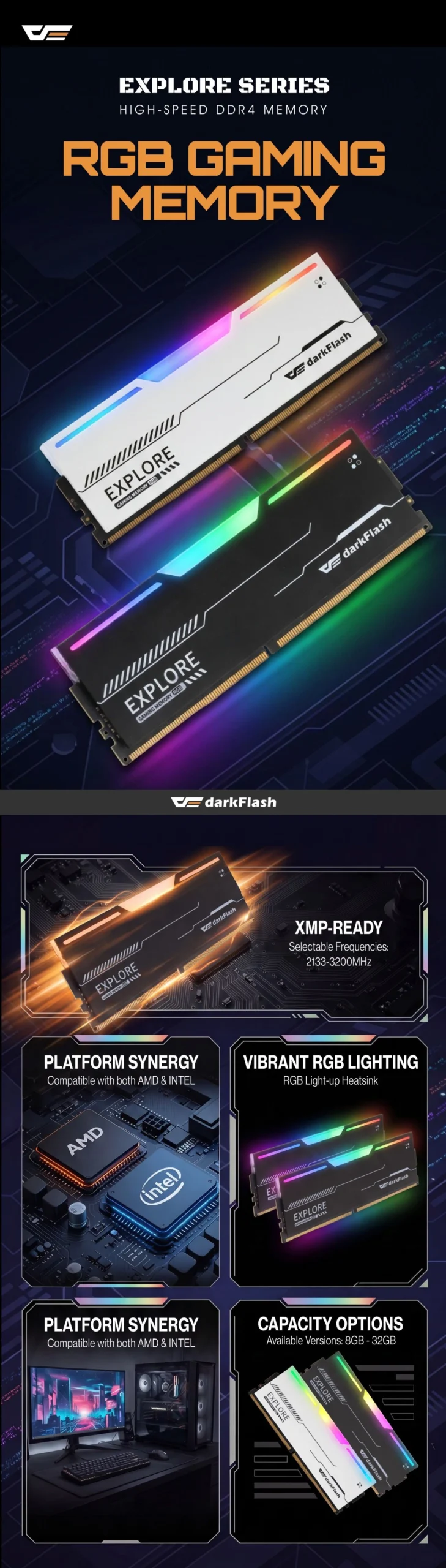 DarkFlash EXPLORE RGB DDR4 GAMING MEMORY [RAM] 16GB - 3600MHz