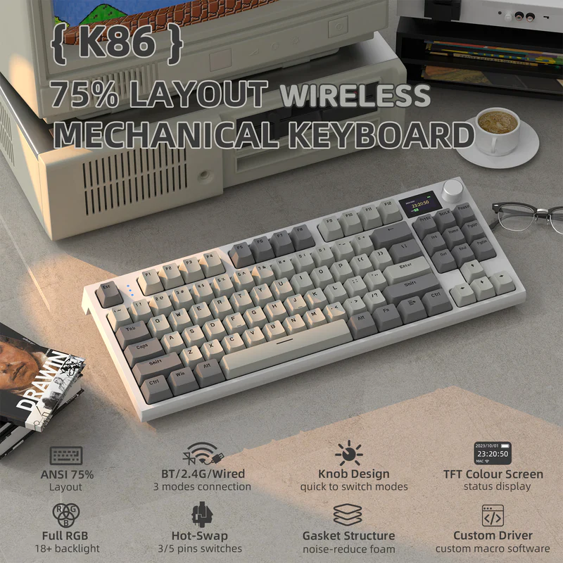 Attack Shark K86 Wireless Retro Gray Mechanical Keyboard RGB, Hot-Swappable, Tri-Mode - Image 2