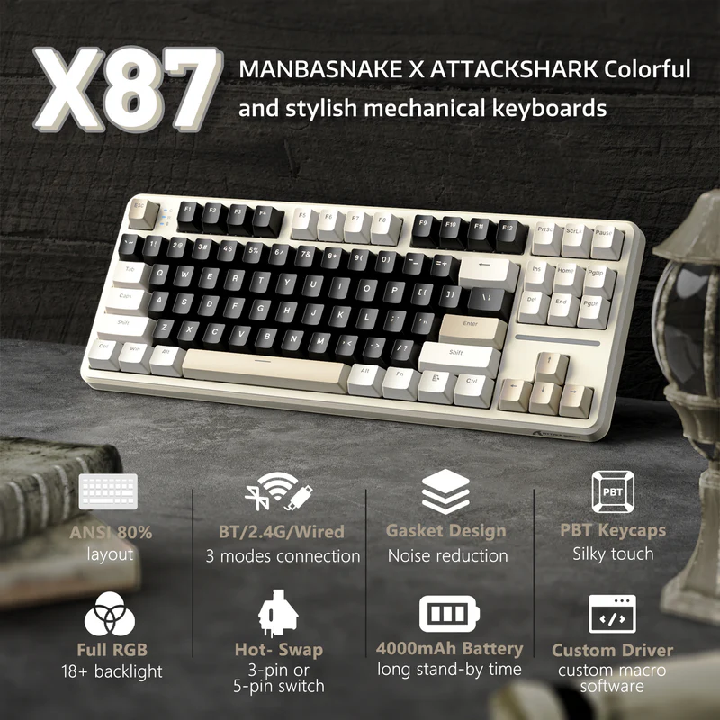 Attack Shark X87 Cheese White Mechanical Keyboard RGB, Hot-Swappable, Tri-Mode Wireless - Image 2