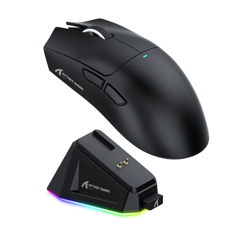 Attack Shark X11 Wireless Gaming Mouse with RGB, adjustable DPI, and magnetic charging dock.