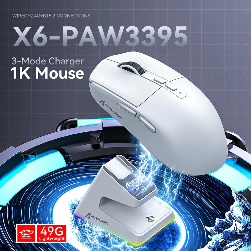 Attack Shark x6 white 2 ATTACK SHARK X6 Three Modes Gaming Mouse with Charging Dock – White - Image 2