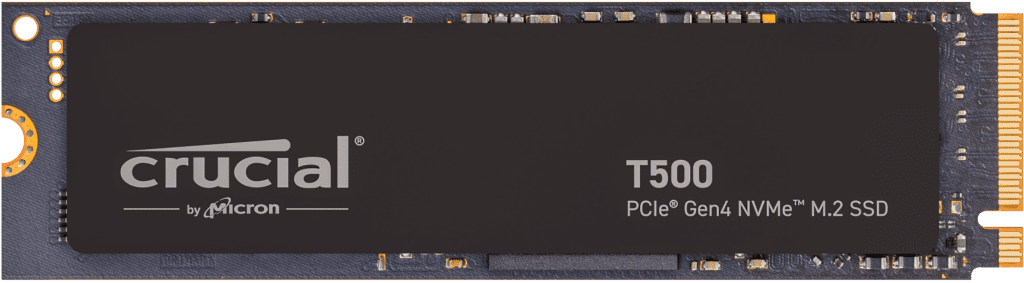 Crucial T500 1TB PCIe Gen4 NVMe M.2 SSD with heatsink installed.
