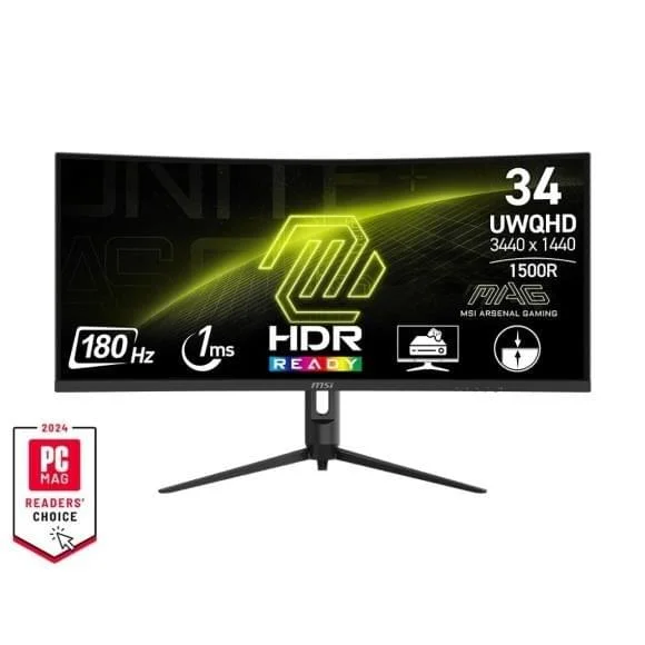 "34-inch ultra-wide curved VA monitor with 3440x1440 UWQHD resolution, 1500R curvature, 180Hz refresh rate, 1ms response time, AMD FreeSync Premium, HDR support, frameless design, and ergonomic stand with full tilt, swivel, pivot, and height adjustment."