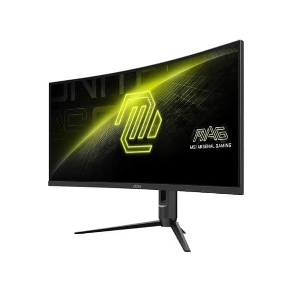 "34-inch ultra-wide curved VA monitor with 3440x1440 UWQHD resolution, 1500R curvature, 180Hz refresh rate, 1ms response time, AMD FreeSync Premium, HDR support, frameless design, and ergonomic stand with full tilt, swivel, pivot, and height adjustment."